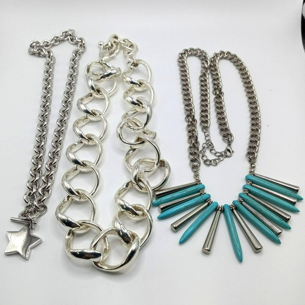 Lot Of 3‎ Trendy Silver Tone Heart Chain Faux Turquoise Statement Necklaces
